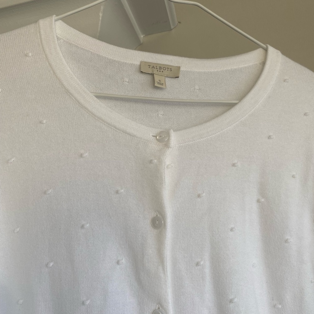 Talbots EUC white polka dot cardigan